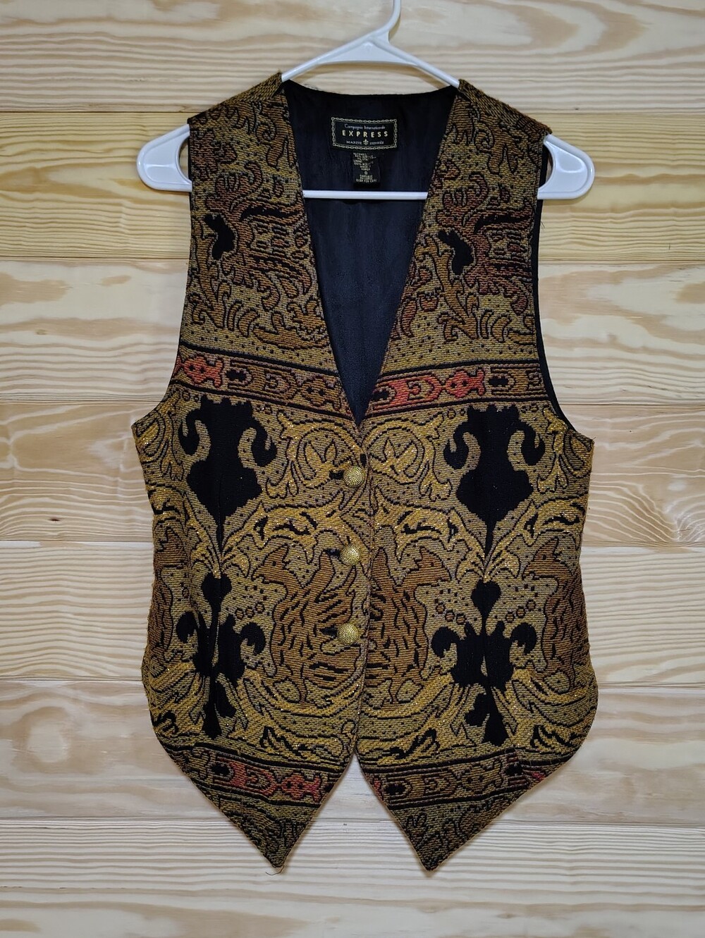 Vintage Express Tapestry Vest Small Gold Black Baroque Paisley Y2K Statement